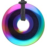 Lebensquelle Plus Edelstein Donut Ø 40 mm + Baumwollband + Edelsteinkarte | Naturstein Anhänger Halskette | Echte Heilsteinkette inkl. Band (Regenbogen Hämatit)