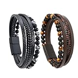 TREABEAR 2PCS Lederarmband Herren 21cm, Tigerauge Armband Leder Herren Braun, Perlenkette Herren, Armband Männer Personalisiert Schwarz, Leder men's bracelets für Die Tägliche Dekoration