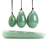 4Pcs Set Jade Yoni Eier Stick, 3 Stück gebohrt natürliche Rosenquarz Kristall Jade Eier Massage Stein + 1 Stück Massage Stick für Frauen Kegel Übung stärken Beckenbodenmuskulatur