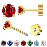 Kleine Gold Stud Flat Back Ohrringe für Frauen Mädchen, 14K Gold plattiert Cubic Zirkonia Schraube Zurück Tiny Ohrringe, Hypoallergen Flatback Zierlichen Knorpel Ohrring (Roter Granat)