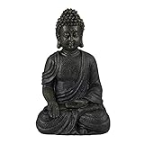 Relaxdays Buddha Figur sitzend, 30 cm, Gartenfigur, Dekofigur Wohnzimmer, Polyresin, wetterfest, frostsicher, dunkelgrau