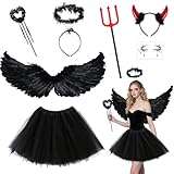 BITOYO Teufel Kostüm Schwarz Engel Kostüm Damen Mädchen, Engelsflügel mit Schwarze Flügel Heiligenschein Zauberstab Teufelshörner Heugabel Tutu Rock für Halloween Karneval