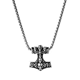 JewelryWe Schmuck Herren Halskette Edelstahl Wikinger Thors Hammer Schädel Totenkopf Anhänger & Weizenkette Silber Geschenk für Männer
