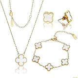 SHENSAIGO Vierblättriges Kleeblatt Schmuckset, 3 Stück Kleeblatt Armband Halskette Ohrringe, Kleeblatt Schmuck Goldene, Zweiseitig Schmuck Set Damen für Muttertag Weihnachten Geschenk (Weiß)