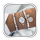 Edary Armband-Set mit Quasten, weißes Marmor-Armband, mit Herz, Perlen-Handkette, verstellbar, für Damen und Mädchen (4 Stück)