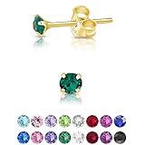 DTPsilver - Winzige Ohrringe 925 Sterling Silber Gelb Vergoldet mit Kristallen von Swarovski® Elements Runde Sehr kleine Ohrstecker - Durchmesser 3 mm - Farbe : Smaragd