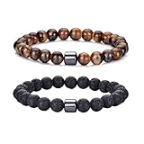 RANKEEF Tigerauge-Armband für Herren 8 mm Natursteinperlen Armband Set dehnbare Lavastein Armbänder verstellbares schwarzes Kristallperlenarmband für Männer und Frauen Geschenke