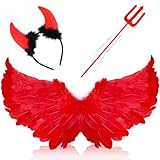 Powmag Engel Kostüm Damen, 3 Stück Fasching Teufel Kinder, 60CM Engelsflügel mit Heiligenschein und Zauberstab, Karneval Kostüm Damen Flügel für Cosplay Party Fasching (Rot)