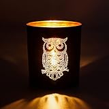 Larcenciel Teelichthalter Eule, Schwarz Gold Kerzenständer Glas Kerzenhalter Romantischer Teelichtgläser, Windlicht Glas Elegante Teelichter Dekoration für Party, Geburtstag, Weihnachten, Termine