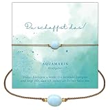 happymaker - Edelstein Armband Aquamarin Damen, handgefertigt in Deutschland, Armband mit Goldperlen und Geschenkverpackung, Mutmacher und Motivations Geschenk, Geburtsstein Fisch