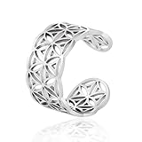 TEAMER Größenverstellbare Blume des Lebens Ringe Edelstahl Om Symbol Ring Heilige Geometrie Magisches Hexagramm Talisman Amulett Schmuck für Frauen Mädchen (Blume des Lebens-Silber)
