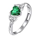 Suplight Damen 925er Silber Herz Ring mit synthetischem Smaragd Geburtsstein von Mai grüne Zirkonia Solitärring Verstellbarer Ring Accessoire Schmuck für Hochzeit Geburtstag