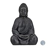 Relaxdays XL Buddha Figur sitzend, 50 cm hoch, Feng Shui, Outdoor, Garten Dekofigur, große Zen Buddha Statue, dunkelgrau