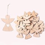 HERZONE 50pcs Holz Engel Anhänger Weihnachten Schutzengel Glücksbringer Weihnachtsdekoration (braun Engel mit Herz)