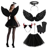6 Stück Schwarz Engel Kostüm Damen Set, Engel Teufel Kostüm Damen mit Tütü Rock, Heiligenschein, Zauberstab und Strümpfe für Halloween Karneval Cosplay Fasching Verkleidung (Schwarz)