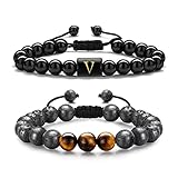 TINGN 2 Stück Herren Armbänder Tigerauge, 8 mm Naturstein Herren Initial Obsidian Armband Tigerauge Lavagestein Perlenarmbänder für Damen Herren Yoga Armbänder Geburtstagsgeschenke für Herren (V)