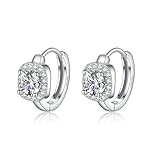 SLUYNZ 925 Sterling Silber Halo simulierte Diamant Creolen Ohrringe für Damen Sparkly CZ Creolen Ohrringe Square Cubic Zirkonia Huggie (A-Silber)