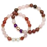 Wusboo 2er Set Handgemachte Armbänder, Natürliche Edelsteine wie Rosenquarz, Amethyst, Tigerauge, Elastisches Band, Geschenkbox & Bedeutungs-Karte, Damen & Herren Schmuck