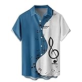 Generisch Hemd Herren Kunst mit Musik-Patchwork-Print, Kurzarm-Hemd, Knopf-, Kurzarm-Hemd, Oberteil, Umlegekragen, Bluse Herren Knitter Hemd (Blue, L)