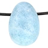 Echter Aquamarin Tropfenanhänger mit gewachstem Baumwollband - Gebohrter Trommelstein - Drehverschluss aus Edelstahl (Aquamarin 55)