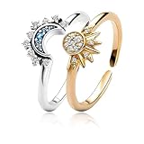 ZORVYN Set Damenringe Sonne Mond Verstellbar Silber Gold Ringe für Paare Mädchen Antistress mit Zirkonia Geschenkidee Jahrestag Geburtstag