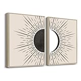 hyidecorart Sonne und Mond Boho Bilder Mit Rahmen Holz, Abstract Schwarz Linien Beige Geometrie Nordische Minimalistisch Modern Wandbilder Wohnzimmer Schlafzimmer Küche Esszimmer Büro Badezimmer