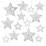 Glitzer Sterne zum Aufhängen Silber,14 Stk Weihnachtsdeko Stern zum Aufhängen,Weihnachtssterne Deko,Weihnachtsanhänger Deko Sterne Weihnachten für Weihnachtsbaum,Deckenhänger,Neujahr Winter Dekoration