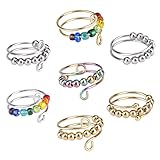 VIKY 7 Stück Verstellbare Anti Stress Ring, Linderung von Ängsten Anxiety Ring mit Perlen, Angst Spinning Ringe für Damen, Offener Spinner Fidget Ringe für Mädchen und Frauen