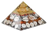 Shri Yantra Gomti Chakra Laxmi Pyramide – 90 mm große Maha Laxmi Orgonit-Pyramide mit Shree Yantra – Feng Shui Vastu Artikel für Zuhause mit Rudraksha, Gomati-Chakra, Chirmi und Kaudi-Muscheln