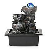 Dyna-Living Zimmerbrunnen Tischbrunnen mit Rollender Kugel, Brunnen Polyresin Springbrunnen LED-Beleuchtung Mehrfarbig, Tischplatte Wasserbrunnen Wasserfall Brunnen, 26 * 23 * 17.5cm