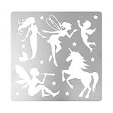 FINGERINSPIRE Feen Schablone aus Metall quadratisch 15,6cm Einhorn Scrapbooking Zeichenschablonen Edelstahl Meerjungfrau Malschablonen für Gravur Brandmalerei Tagebuch und Planerherstellung