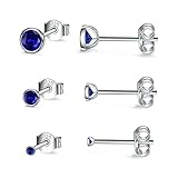 USEEDOVIA Ohrstecker Silber 925 Damen, 3 Paar Klein Sterling Silber Ohrringe Set mit Blau Zirkonia Saphir Knorpel Funkelnd Schmuck Geschenke für Damen Herren 2/3/4mm