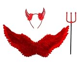 Winwild 3er Engelsflügel Rot mit Teufelshörner & Zauberstab Set,Engel Flügel 60CM Engel Teufel Feen Kostüm Kinder Accessoires für Halloween Karneval Cosplay Party Fasching Verkleidung