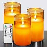 ILEEDear Gold Glas Flammenlose Kerzen mit Fernbedienung und Timer, Echtwachskerz, Batteriebetrieben, Zur Deko Wohnzimmer Schlafzimmer Badezimmer Weihnachtsdeko Halloween, 3er-Set