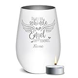 PR Print Royal Trauer Windlicht mit Gravur - Der schönste Engel im Himmel - mit Name gravieren - Trauergeschenk, Gedenklicht, Geschenke für Trauernde | inkl. Teelicht, 450 ml, Weiß/Silber