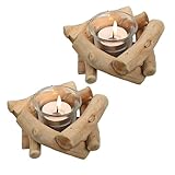 Sziqiqi Rustikale Kerzenständer Teelichthalter Holz 2er Set, Kerzenhalter Vintage mit Glas Tasse Windlicht Treibholz Deko Kerzenleuchter für Wohnzimmer Hochzeit Esstisch Tischdeko
