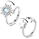 Adramata 2 Stück Silber Anxiety Ringe für Damen Sonnenblume Fidget Ring Achtsamkeitsring Angst Ring Mondstein Spinner Ringe Verstellbare Offene Anti Stress Ring für Damen