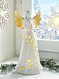 Dekoleidenschaft LED Dekofigur Engel Goldflügel aus Porzellan, weiß/Gold, 25 cm hoch, Weihnachtsdeko, Engelfigur für Weihnachten, Weihnachtsfigur