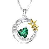 SLIACETE Mond und Stern Herz Geburtsstein Halskette für Frauen Mädchen 925 Sterling Silber Mond und Stern Anhänger Kette Geburtsstein Schmuck Geschenk für Mutter Tochter Frau Freundin Schwester, May