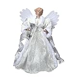 Valery Madelyn Weihnachtsbaumspitze 31cm Engel mit Feder Flügeln Christbaumspitze batteriebetriebe Bunte LEDs beleuchtete Baum-Spitzenengel Figur Silber Weiß