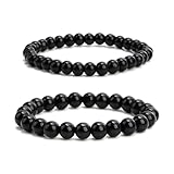 Rumgug 2 Stück Schwarzer Turmalin Armband, 8/10 MM Edelstein Armband Naturstein Armband Großes Dehnbares Armband Kugeln auf Elastischem Nylonfaden Aufgezogen Handgefertigt