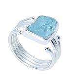 Gems Vibes Natürlicher Aquamarin-Edelstein-Ring in 925er Sterlingsilber Ring für Frauen Geburtstag Bestes Geschenk für Sie handgefertigter Rohstein Schmuck Statement Boho Ringe März Geburtsstein Ring