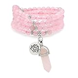 Armband-Halskette mit 108 natürlichen Mala-Gebetsperlen, Lotus-Anhänger und sechseckigem Prisma-Anhänger aus Reiki-Quarz (Rosenquarz (Rose Quartz))