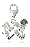 Charm Anhänger Sternzeichen Wassermann 15mm, 925 Sterling Silber mit Fluorit Edelstein grau, Karabiner für Armband Kette