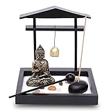 Zen Garten mit Buddha Figur - Japanischer Miniatur Garten - Feng Shui Räucherstäbchenhalter - Esotherik Set mit 3 Räucherstäbchen - Glücksbringer aus dem Buddhismus und Daoismus (mit Gong)
