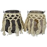 CHICCIE Windlicht aus Glas Boho Stil Creme ca. 11x11x13cm - Makramee Tischdeko