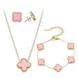 Vierblättriges Kleeblatt Schmuckset 18 Karat Vergoldeter Edelstahl Vierblättriges Kleeblatt Vierblättriges Glücksklee Schmuck Set Für Damen Für Muttertagsgeschenke Geschenke Valentinstag, Sakura Pink
