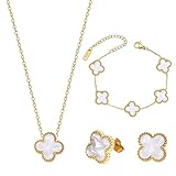 MOSTEDE Vierblättriges Kleeblatt Schmuck Set 18k Vierblättriges Kleeblatt Halskette Ohrringe Armband Minimalistisches Vierblättriges Kleeblatt Anhänger Schmuckset Für Damen Und Mädchen, Weißgold