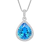 FJ Tropfen Halskette Damen 925 Sterling Silber Aquamarin Kette März Geburtsstein Anhänger Schmuck Geschenke für Frauen