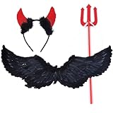 POPOYU 3 Stück Engel Kostüm mit Schwarzer Dämon Engelsflügel Zauberstab und Heiligenschein, Weihnachtsengel Partnerkostüm, Engelskostüm Kinder, 80*35cm Flügel Kostümset für Weihnachtskostüme Kostüme